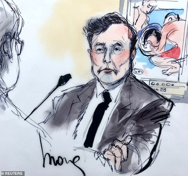 Elon Musk is seen above in a courtroom sketch during the trial in a defamation case filed by British cave diver Vernon Unsworth