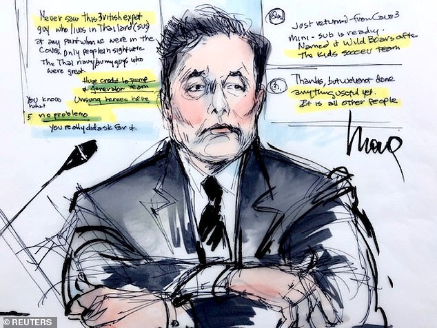 Divers didn’t use Musk’s submarine in saving the boys’ lives and Unsworth told CNN that the outspoken tycoon’s offer was just a ‘publicity stunt’ and Musk should ‘stick his submarine where it hurts.’ A courtroom sketch above of Musk inside court Wednesday