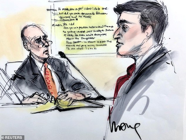 Courtroom sketch shows diver Rick Stanton during the trial in a defamation case filed by British cave diver Vernon Unsworth