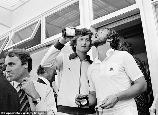 Willis serves champagne to teammate Ian Botham after the fourth Ashes Test match in 1981