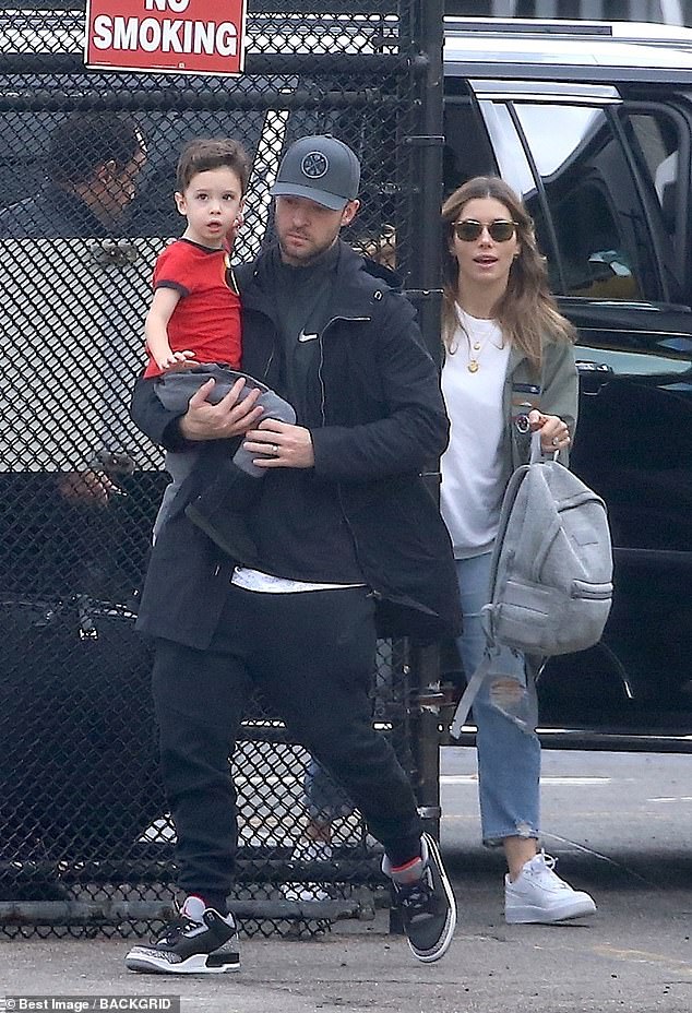 Family: Timberlake added his behavior, 'is not the example I want to set for my son,' referring to his four-year old son Silas, his only child with Jessica' pictured with Silas and Jessica on November 2, 2018 in New York City