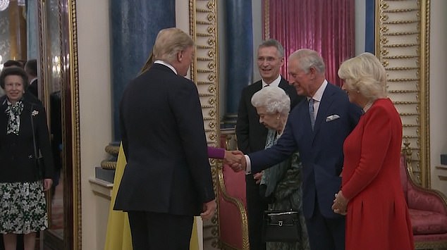 The well-rehearsed greeting saw the Trumps greet the Queen before moving down the line to Prince Charles and his wife, while Princess Anne stood in the doorway waiting to come in