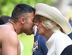 Camilla’s headgear makes Maori warrior wince as she attempts a nose-rubbing