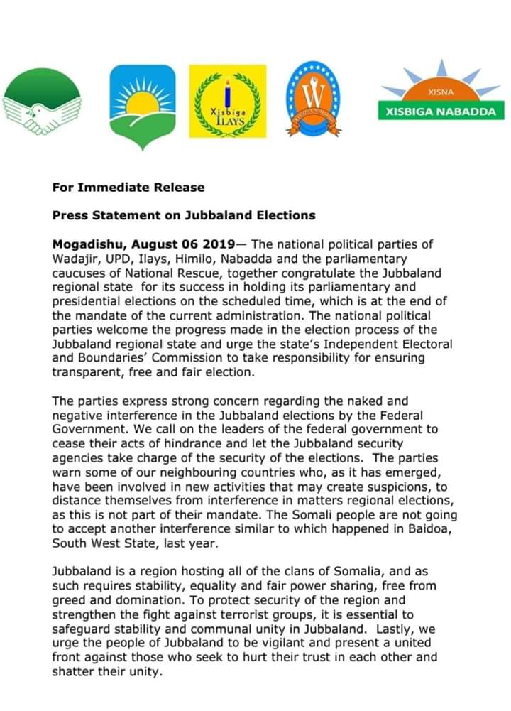 Warsaxaafadeed. Xisbiyada Dalka ka jirra oo Taageeray Barlamanka Cusub  Ee Jubbland