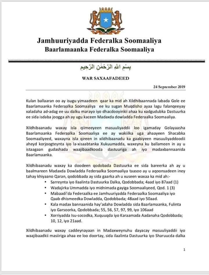 AKHRISO;- War-saxaafadeed Xildhibaanada labada Gole Ee Barlamanka Somaliya oo Si Kulal oga hadley Xaalada Siyaasadeed Ee Dalka